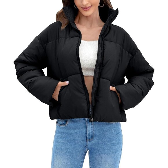 〽️Women's Black WHN Cropped Quilted Puffer Jacket Winter Warm Full Zip Coat